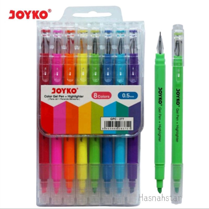 

Pulpen 2 in 1 Warna Warni + Highliter Joyko, Color Gel Pen Pena Jel + Highlighter Penanda Joyko GPC-277 8 Warna