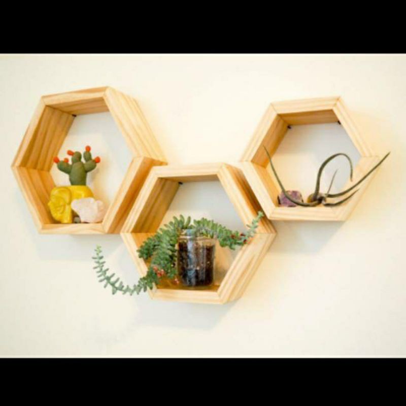 Rak kayu dinding hexagonal wooden shelves dekorasi dinding kayu Be.