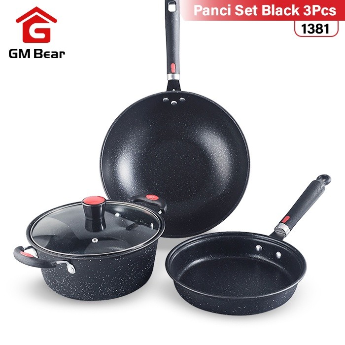 Gm Bear Panci Set 3 Pcs Marble Coating 1381 - Blaze Panci Set Black