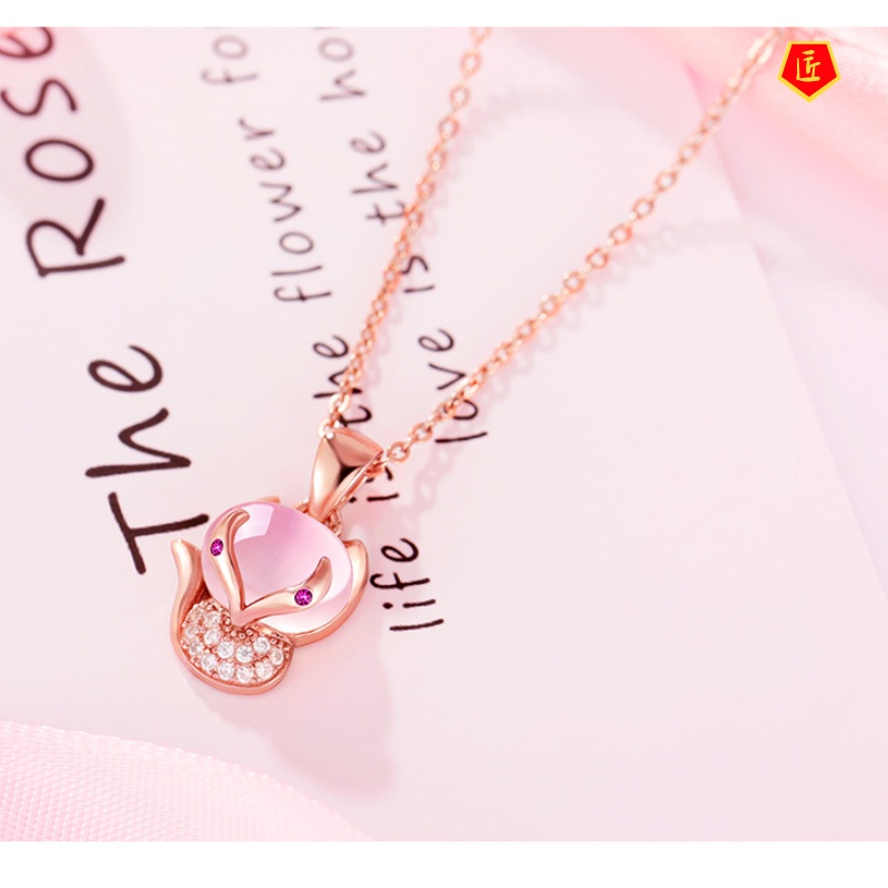 [Ready Stock]Pink Crystal Little Fox Ross Quartz Pendant Ring Earings Set