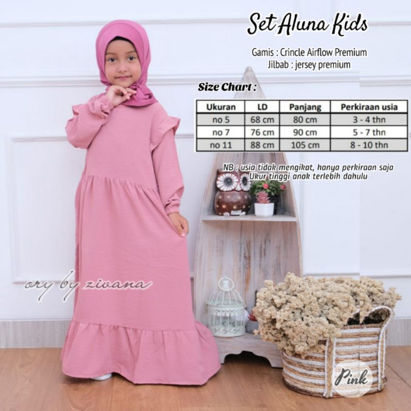 Set Aluna Kids (Gamis Anak + Jilbab) Crincle Umur 3 - 10 thn