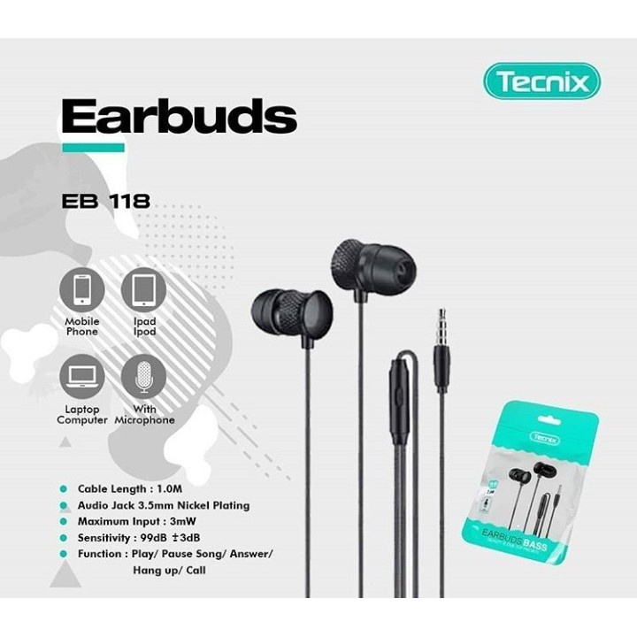 Earphone Headset TECNIX EB-118 3.5mm - with mic - Original