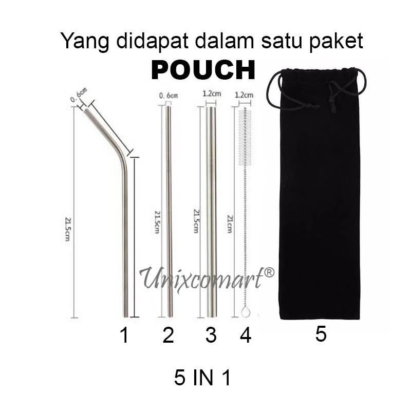 Set Sedotan Stainless Steel Straw Reusable 5 in 1 ( 3 sedotan 1 sikat 1 box atau Pouch )