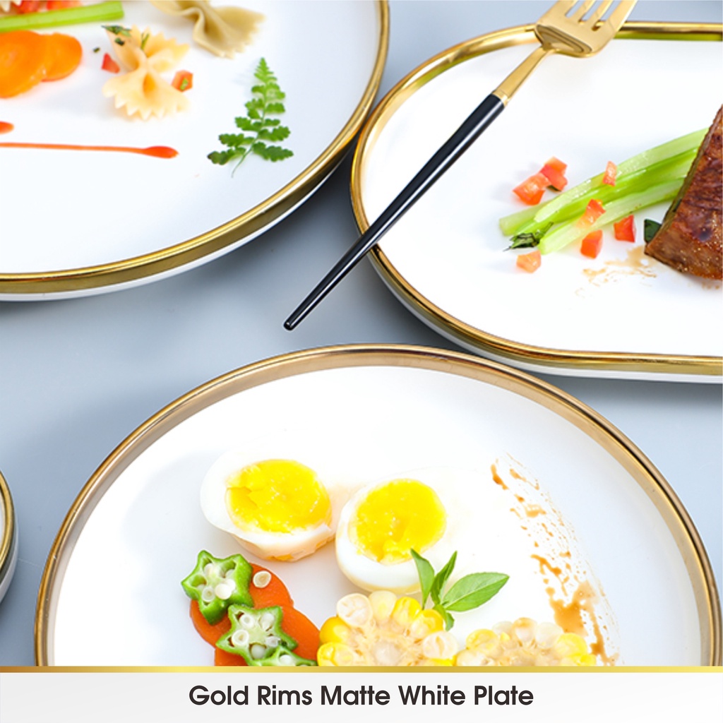 [SATUAN] WHITE - Piring Mangkok Makan Keramik Pinggiran Emas Cantik Ceramic Mewah Western Steak Gold Rim Plate