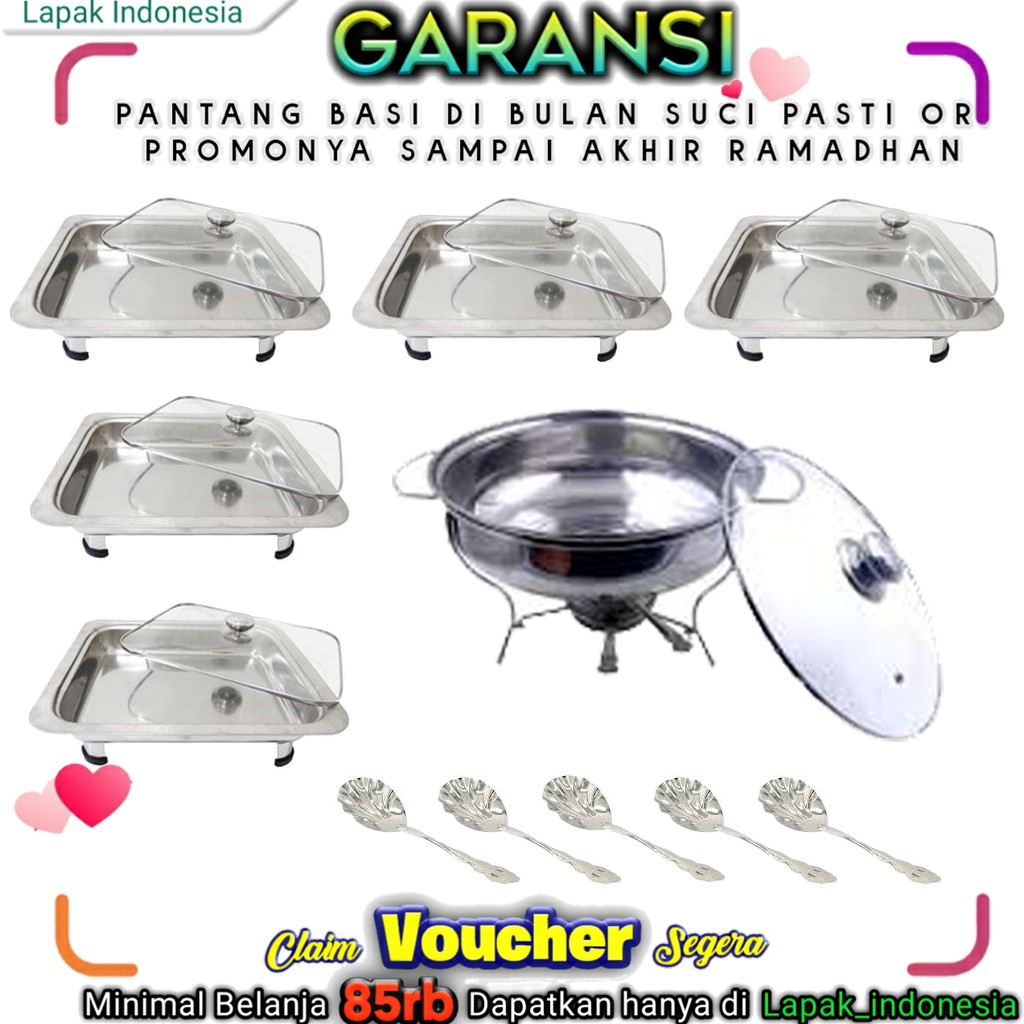 Wadah Saji Makanan Prasmanan Stainless Stenlis Set Bowl Bulat 5 In 1 Full Kaca