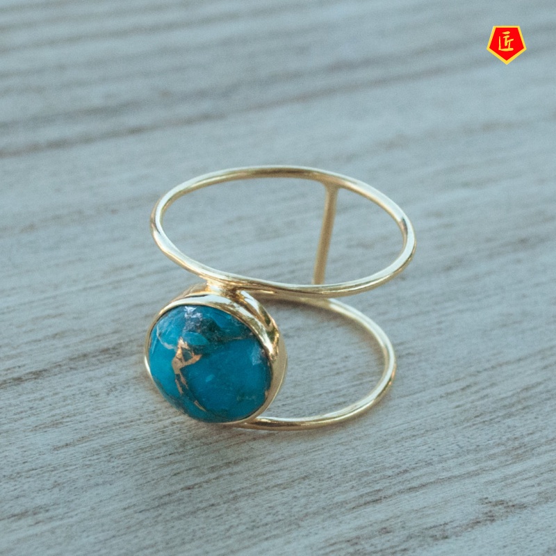 [Ready Stock]Women's New 18K Gold Exaggerated round Large Turquoise Ring