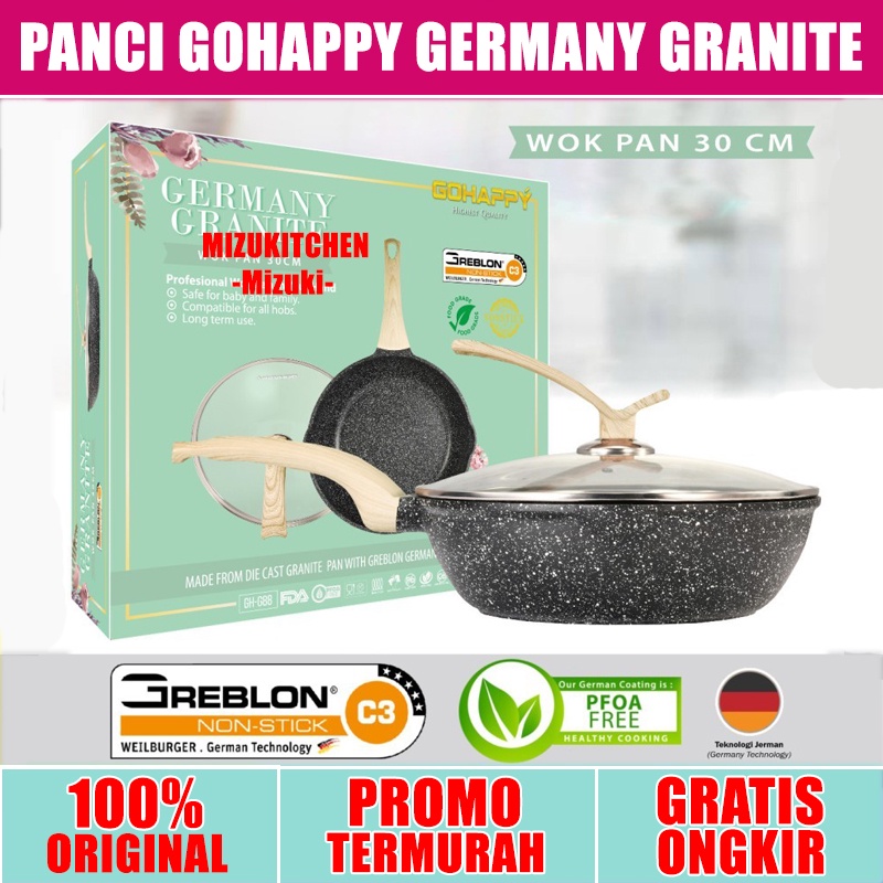 MIZUKI WOK PAN Germany Black Granite Gohappy GHG88 Panci Penggorengan BESAR 30 CM Anti lengket terbaik dunia ( FREE TUTUP KACA )