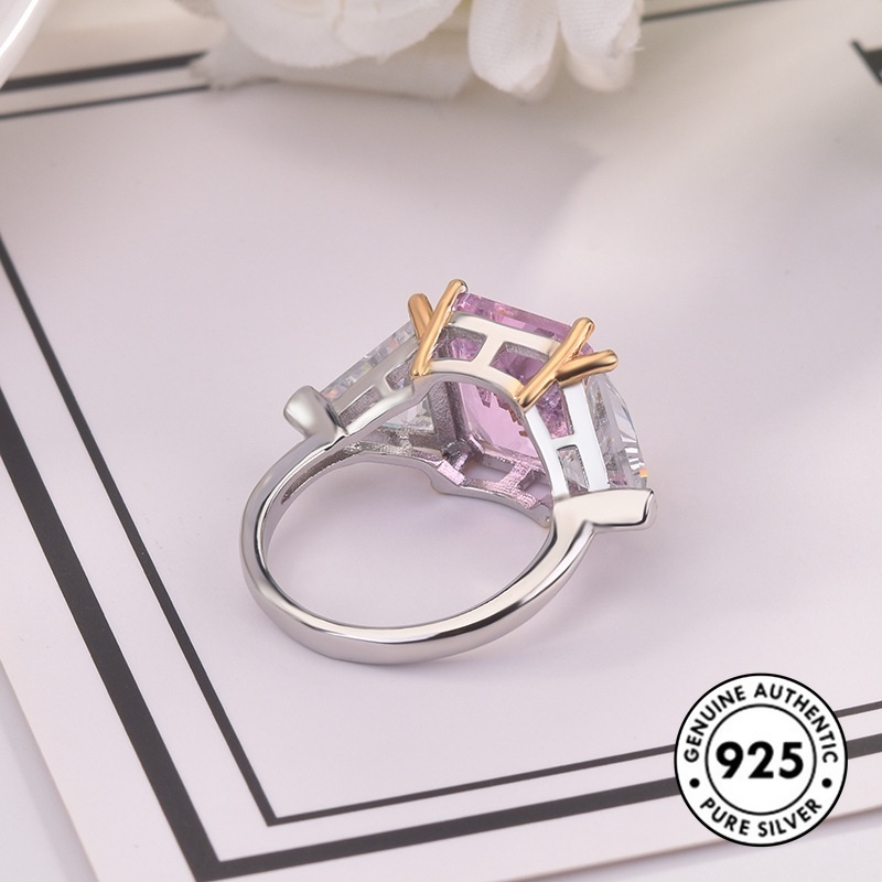 Cincin S925 Silver Bentuk Kotak Aksen Berlian Warna Pink