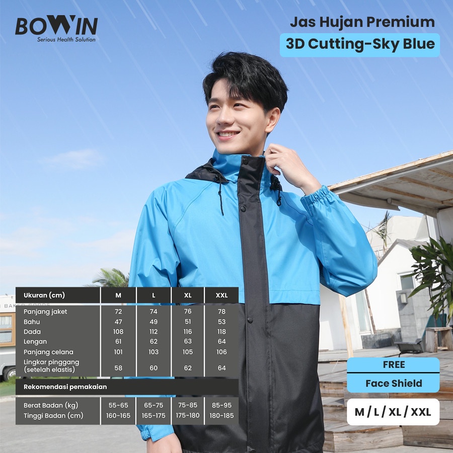 Bowin Jas Hujan Baju Celana Premium 3D Cutting + Face shiled , anti Angin dan anti Bakteri Bahan Tebal dan Premium