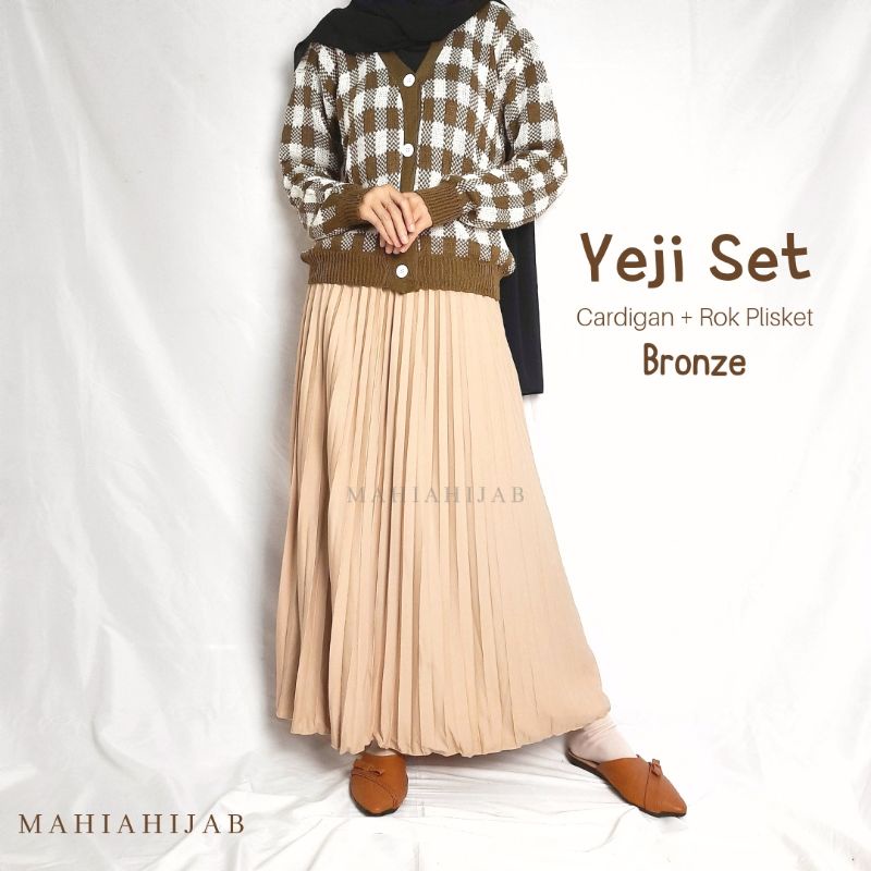 4in1 Setelan lengkap Yeji Cardi ( Cardi + Rok Plisket + Hijab Bella ) OUTFIT RAJUT  Korean Style , SETELAN LENGKAP