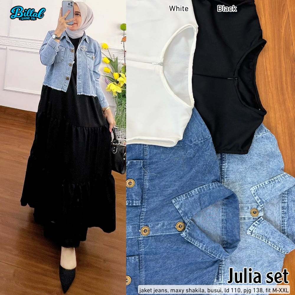 JULIA SET GAMIS PREMIUM ORIGINAL BY BILAL / SETELAN GAMIS DAN JAKET JEANS TERBARU / OUTFIT CASUAL KO
