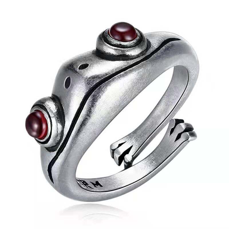 Hip Hop Garnet Stone Frog Rings Women Fashion Animal Open Ring Men Vintage Tail Adjustable Anillos Jewelry Xmas Gift Biker Ring