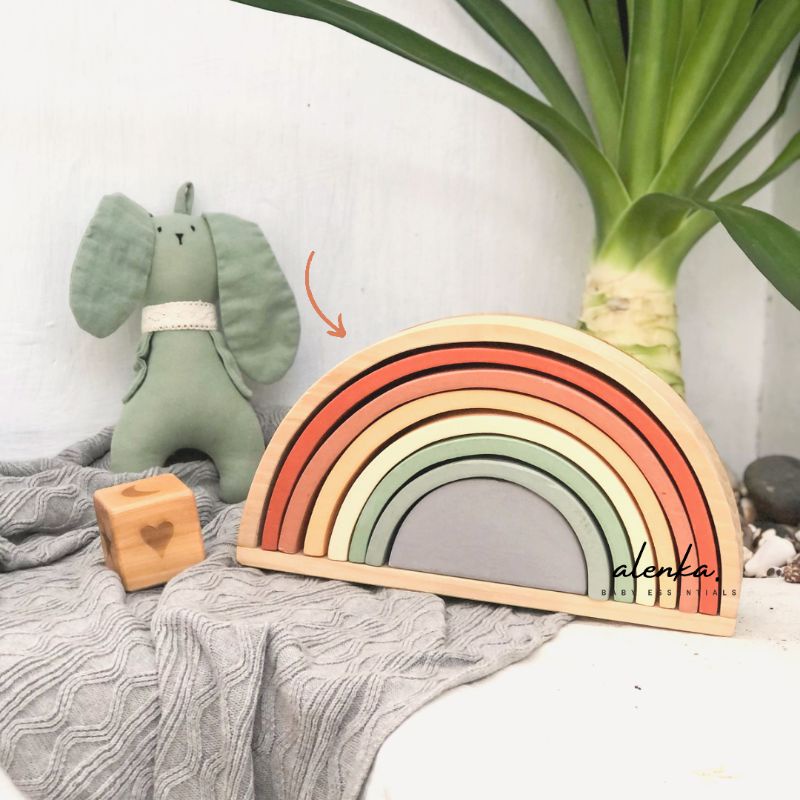 Alenka - Rainbow Stacking Wooden Montessori Toy / City Blocks / Mainan Balok Susun Pelangi