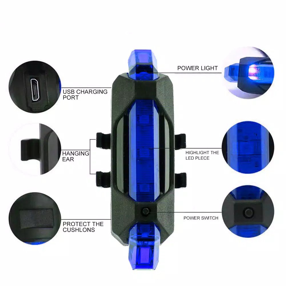 Lampu Belakang LED Kedip Diam USB Sepeda Motor Olahraga Jepit Anti Air