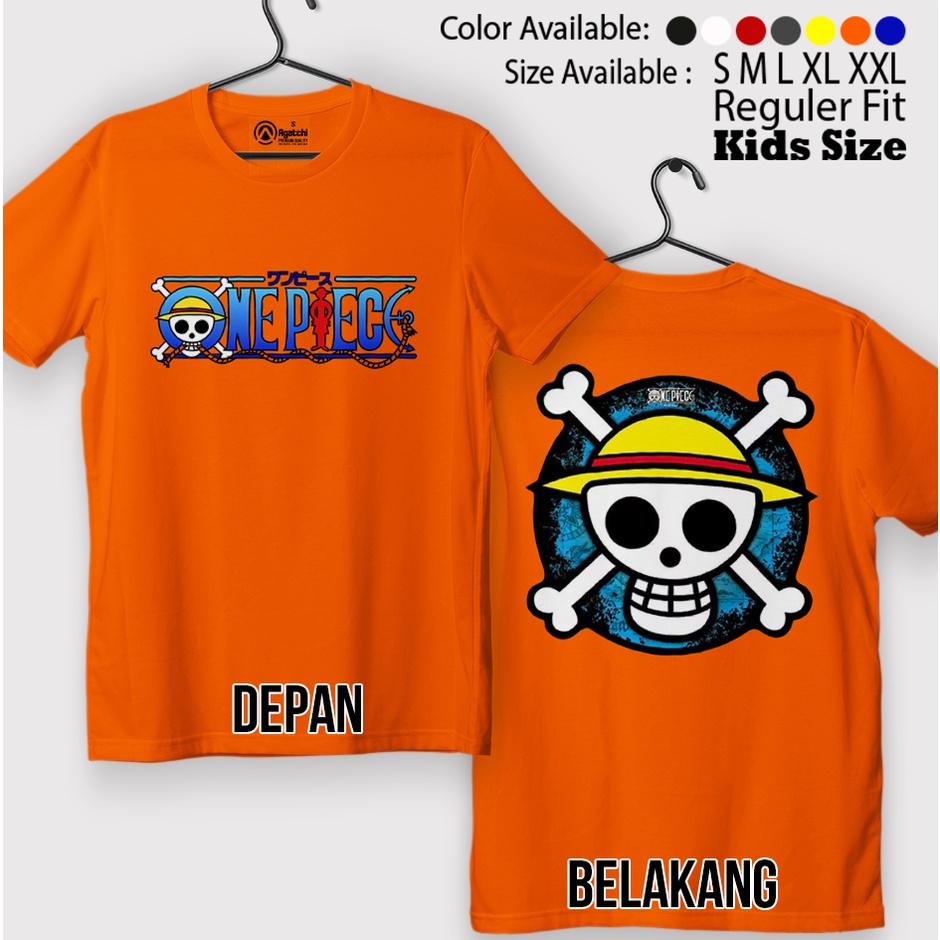 Kaos Atasan Anak Laki Laki / Baju Anak / Kids T shirt Anime One Piece Logo Tengkorak Bajak Laut Sablon Depan Belakang