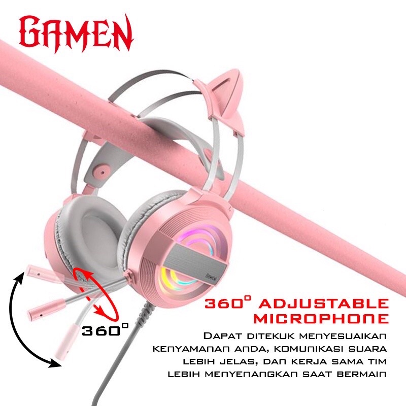 GAMEN GH1100 Pink Headset Earphone Headphone Gaming Cat Ear LED RGB Lighting Original Bass - Garansi 1 Tahun