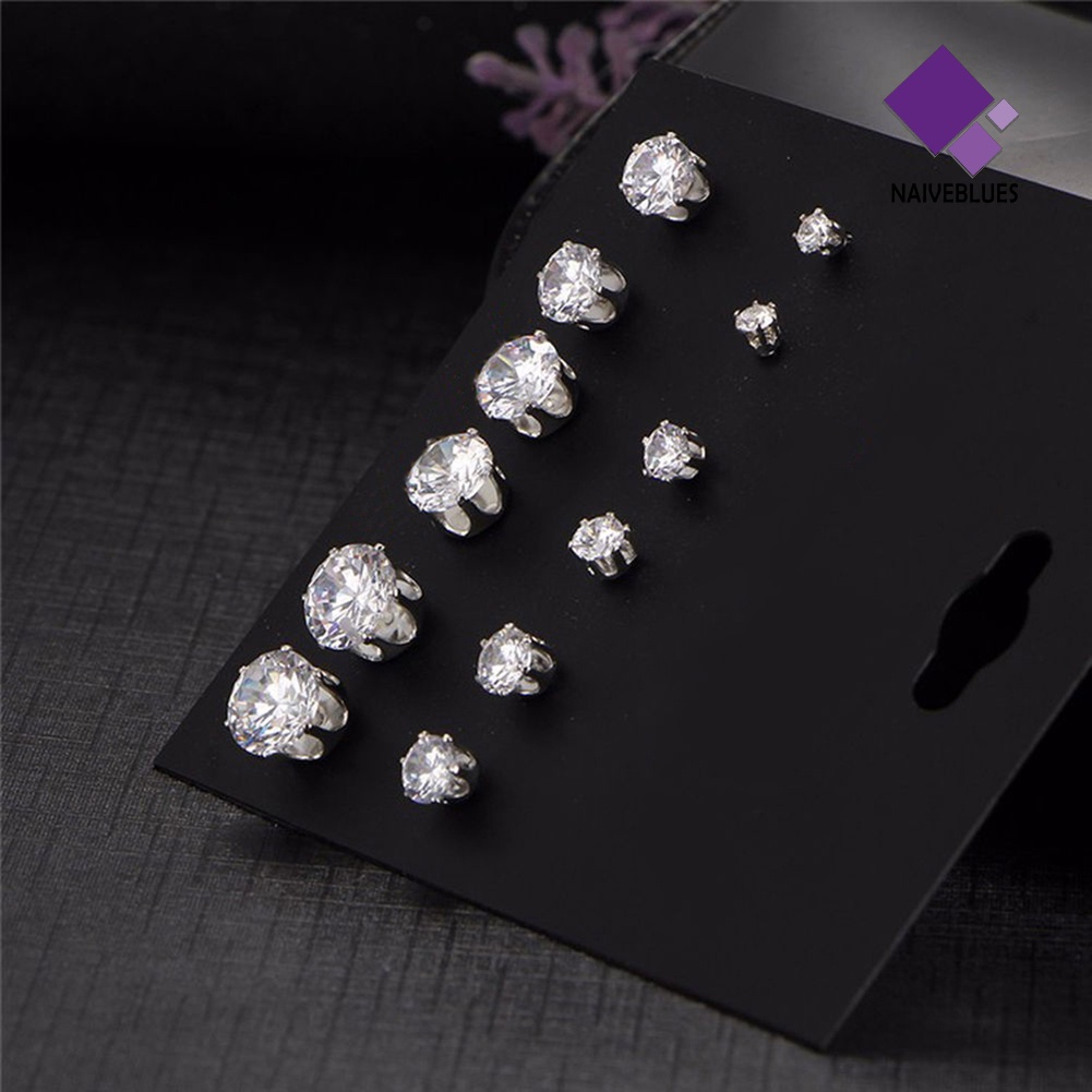 6 Pasang Anting Stud Cubic Zirconia Bentuk Mahkota Bulat Untuk Wanita