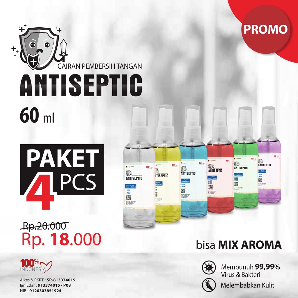 Hand Sanitizer Cair Antiseptic  Varian Aroma Segar Spray 60 ml  ( Paket 4 PCS AROMA MURAH + Free Bubble Wrap ))