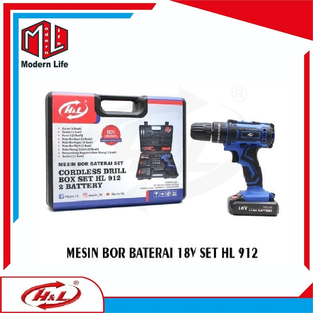 Mesin Bor Baterai Cordless Drill Set 18V HL 912 Bor Set Tanpa Kabel / HL912