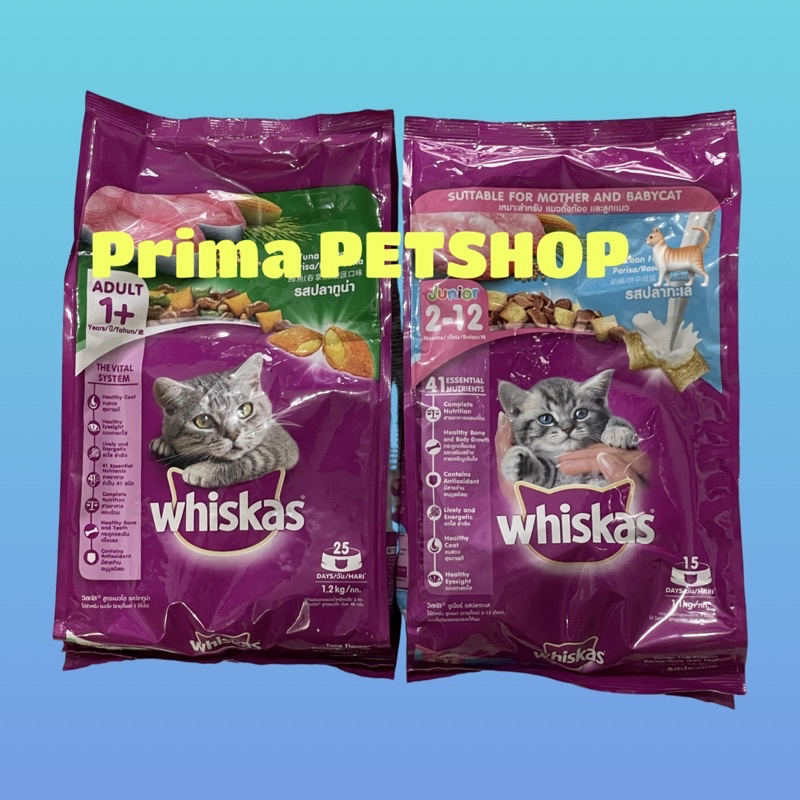 WHISKAS JUNIOR DRY /  KERING 2-12 BULAN 1,1kg dan Whiskas 1+ Adult makanan kucing dewasa 1,2 kg