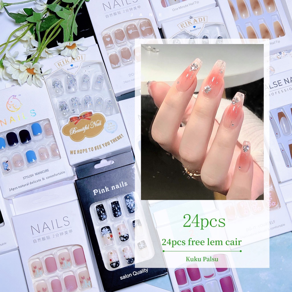 24/Pcs Kuku Palsu Free Lem Cair Fake Nail Art 3d Kuku Palsu Tahan Air Dan Tahan Lama