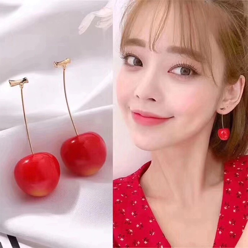 Termurah Korea Lucu Romantis Putaran Drop Anting-Anting Bohemian 1 Pasang Buah Getah Merah Cherry