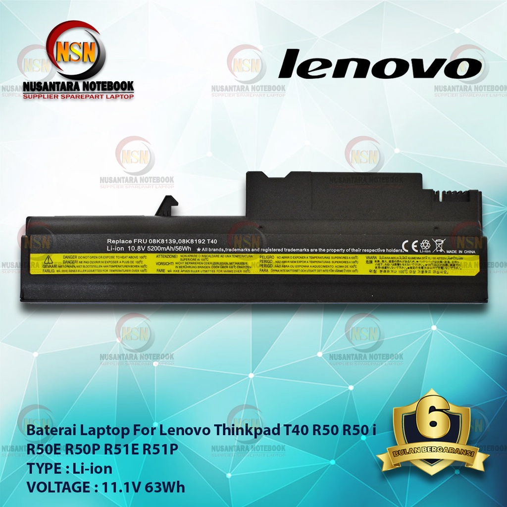 Baterai OEM Laptop Lenovo For Thinkpad T40 R50 R50 i R50E R50P R51E R51P