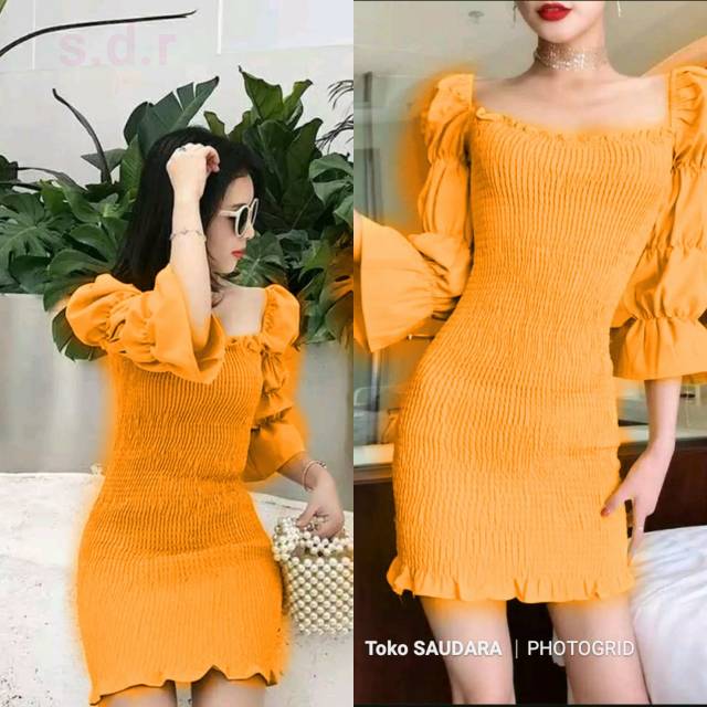 Dress sabrina full kerut tangan 3/4