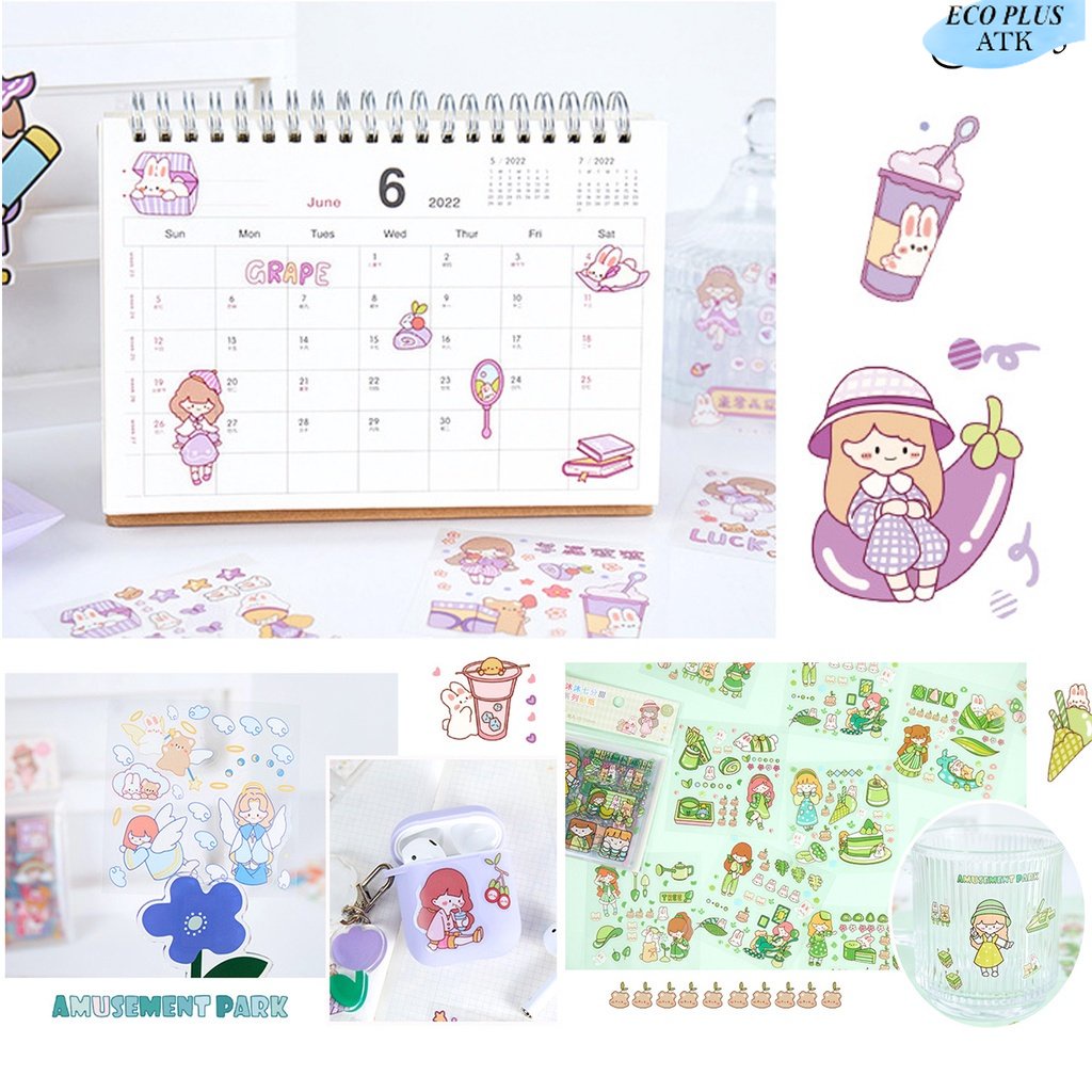 20Lembar Sticker PET Aesthetic Waterproof Scrapbooks Diary Tumbler DIY Anti Air Cute Cartoon