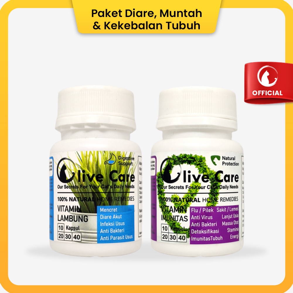 Olive Care Vitamin Kucing Paket DIARE, MUNTAH & KEKEBALAN TUBUH untuk Badan Lemes, Demam akibat Diare & Mencret Akut, Pup Berdarah, Radang Usus dan Masalah Pencernaan