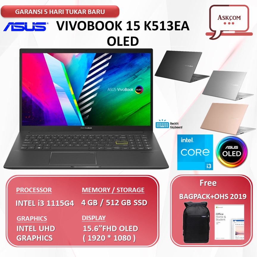 ASUS VIVOBOOK K513EA OLED351 i3 1115G4 8GB 512GB SSD 15.6FHD OLED W11 + OFFICE ORIGINAL