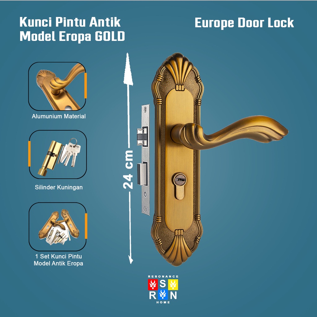 Full Set Gagang Kunci Pintu Rumah Gaya Eropa Modern / Door Handle Premium Resonance Home