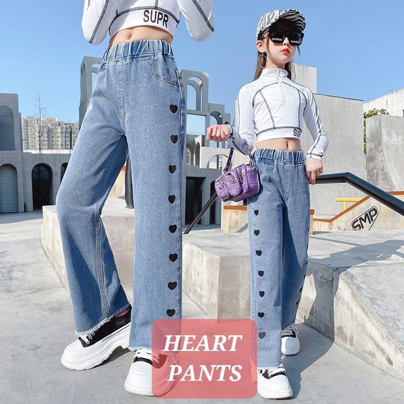 HEART PANTS CELANA PANAJANG JEANS DENIM ANAK REMAJA PEREMPUAN KOREA IMPORT JINS CASUAL HIO HOP