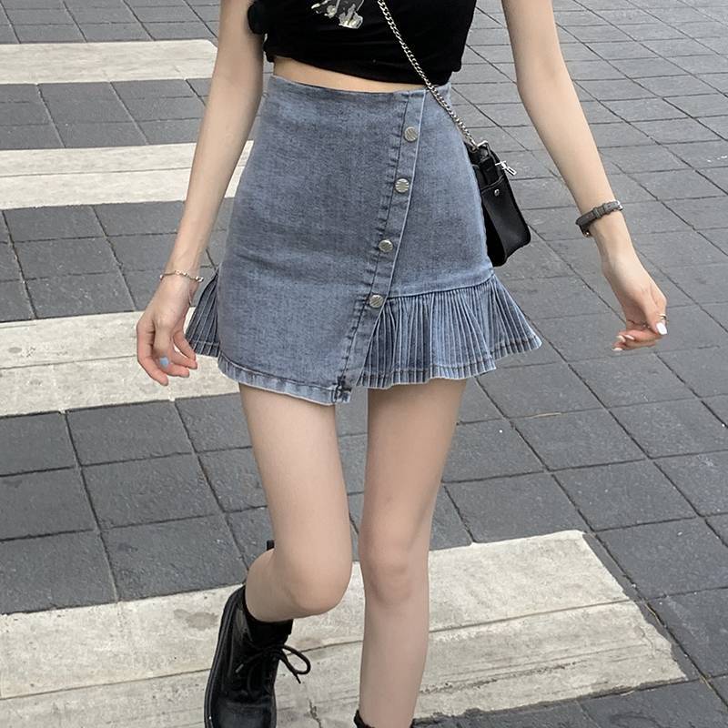 #Sisjuly# Ruffled Pinggang Tinggi Panas Gadis Denim Rok Wanita Anti Eksposur Lipit Group Rok Lengan Pendek Dua