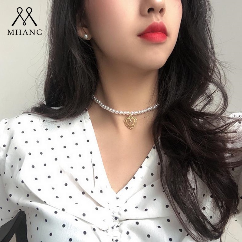 【MHANG】Kalung Mutiara Salib Cinta Mewah Vintage Temperamen Manis Berongga Cinta Aksesoris Fashion Wanita