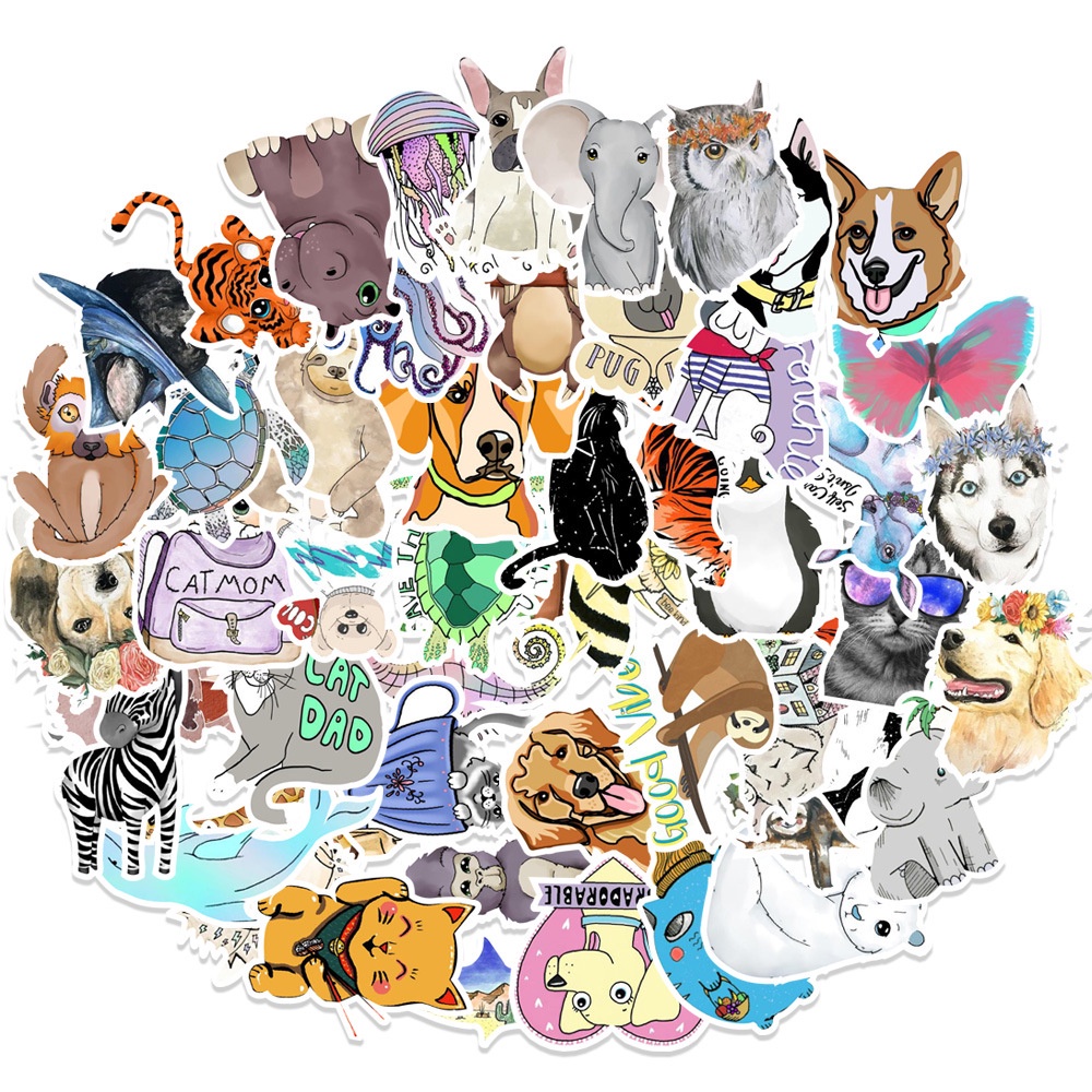 50 Pcs/set Cute Cartoon Dog Elephant Animal Pattern Waterproof Stickers for Luggage Decoration
