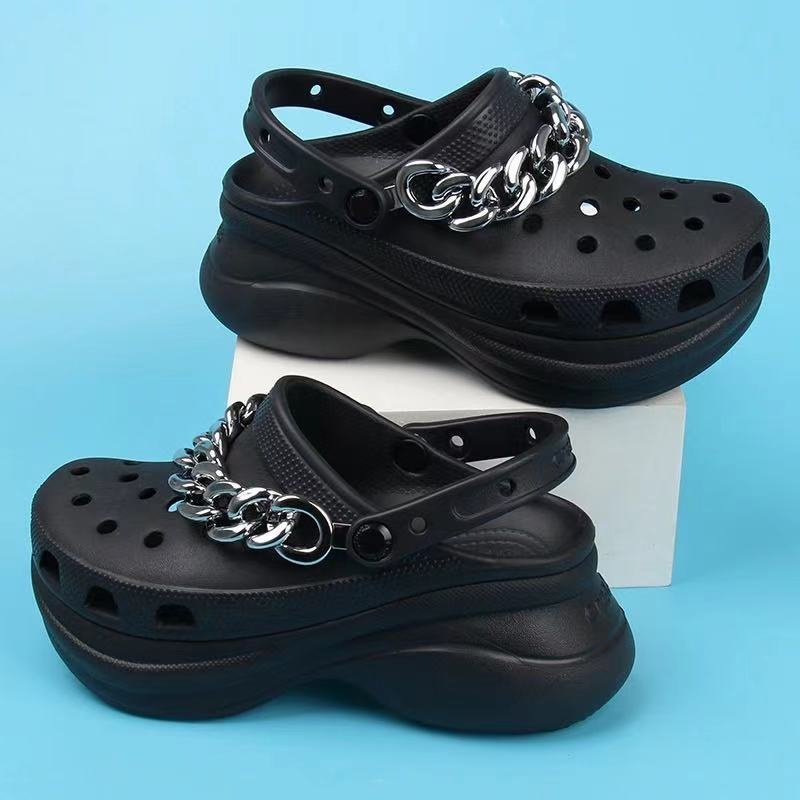 Crocs Classic Bae Chain Clog / Sandal Crocs Bae Rantai / Sandal Wanita / Sandal Pantai / Sandal Wedges / Fashion Wanita / Fashion Korea - Black