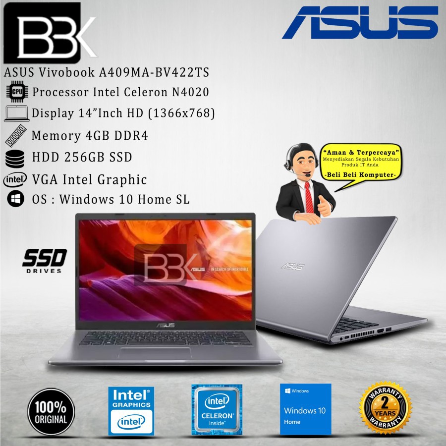ASUS A409MA-BV422TS Celeron 4020 4GB 256GB SSD WIN10HSL OHS 19 2YR