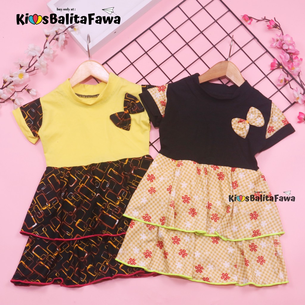 Dress Emma Lengan Size 1-2 Tahun / Dres Anak Perempuan Lengan Pita Baju Harian Pesta Fashion Kids