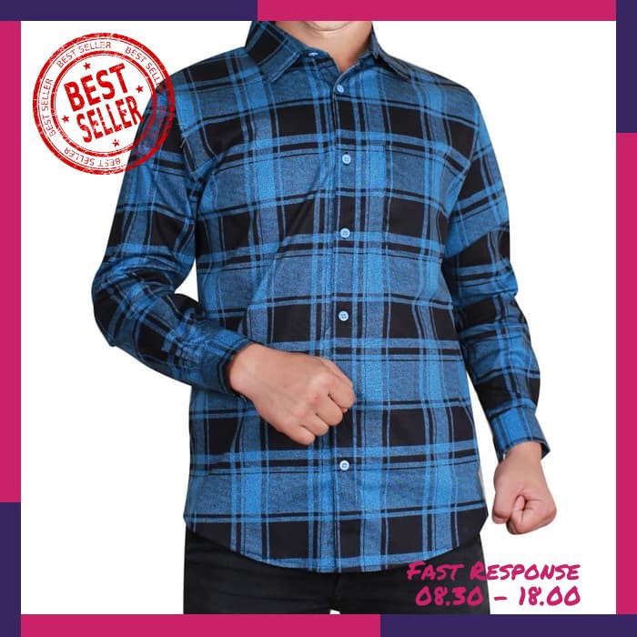 [Kemeja Kotak Biru Ot] Kemeja Pria Katun Stretch Biru