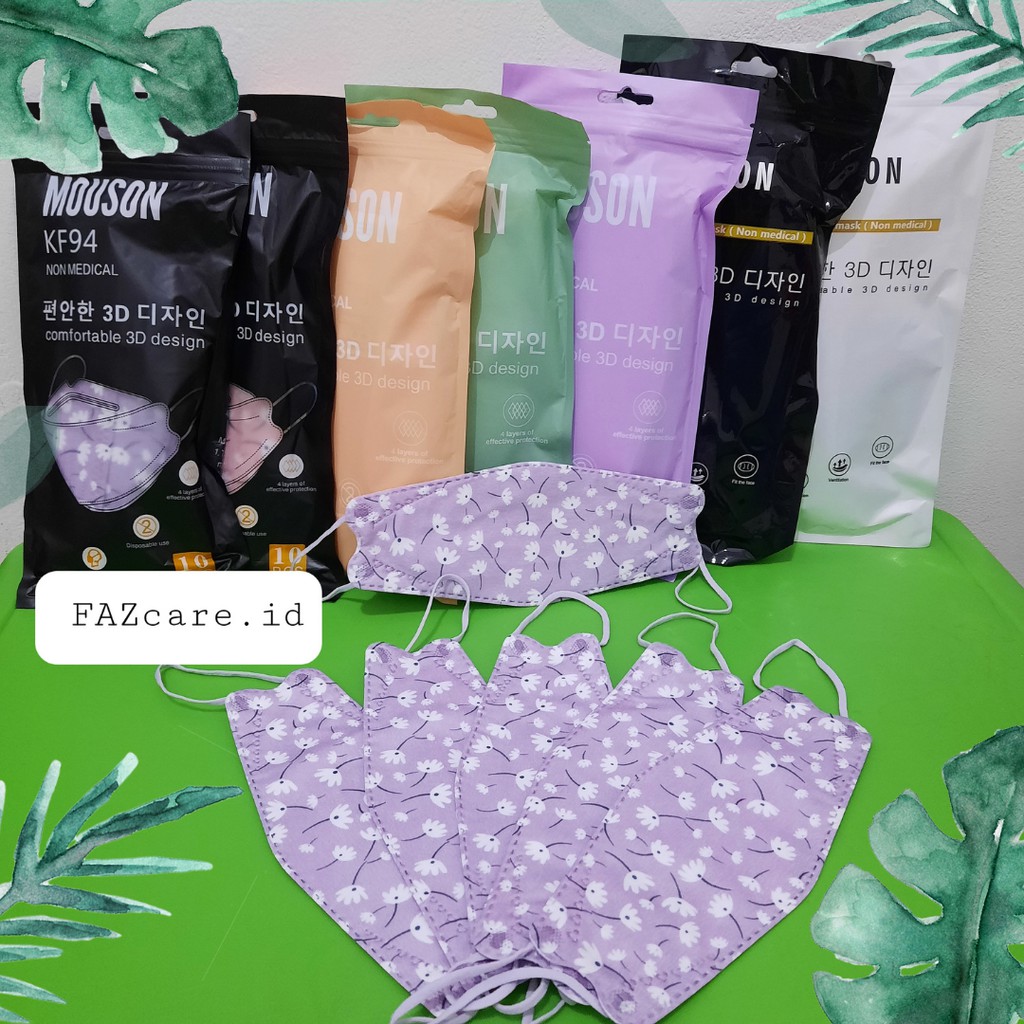 Masker KF94 MOUSON Warna Tali Sewarna ECER 1pcs - Lilac Motif Bunga