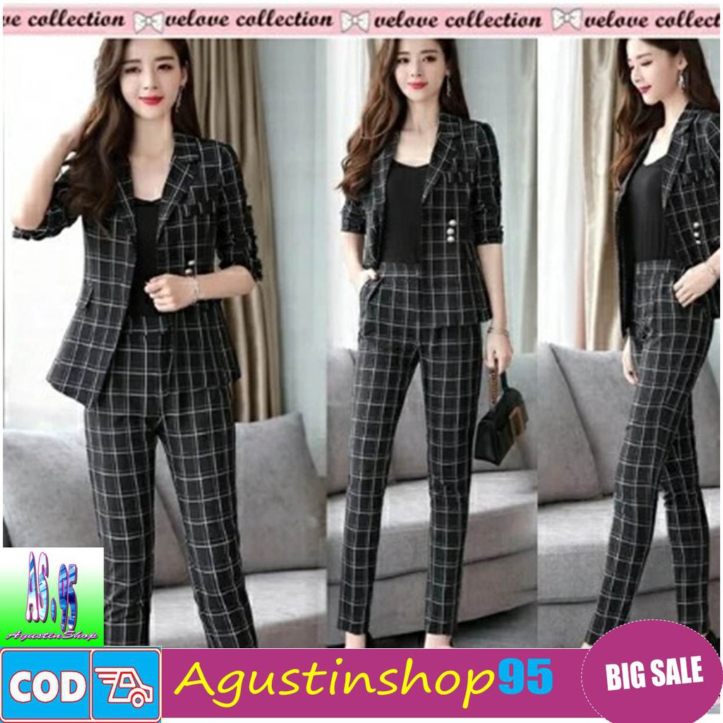 Setelan Blazer Wanita Panjang Kerja Kantor Model Korea Style Trendy Kekinian / Setelan Celana 2in1 P