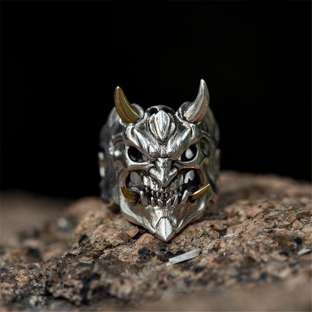 Cincin Model Terbuka Desain Kepala Tengkorak Iblis Gaya Keren Untuk Pria