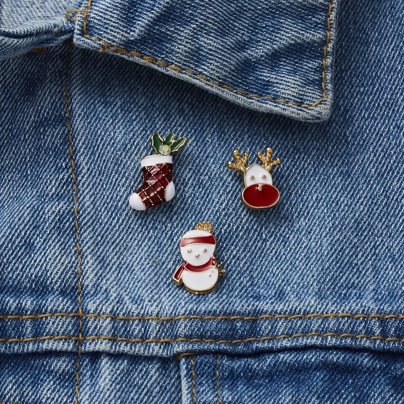 [3Pcs Set Women &amp; Men Punk Cartoon Christmas Socks Christmas Tree Elk Enamel Brooches] [Clothes jacket Metal Brooch Pins] [Denim Shirt Lapel Hat Collar Jewelry]