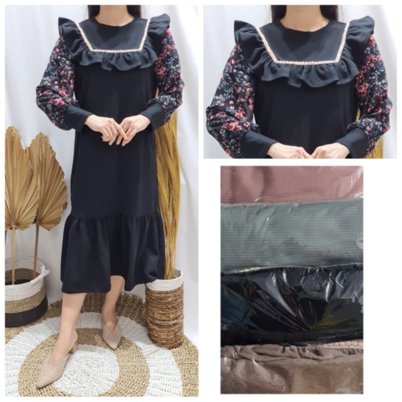 promo fhasion wanita-longdres/tunik rempel bunga tangan ceruty slimfit premium import/termurah/terba