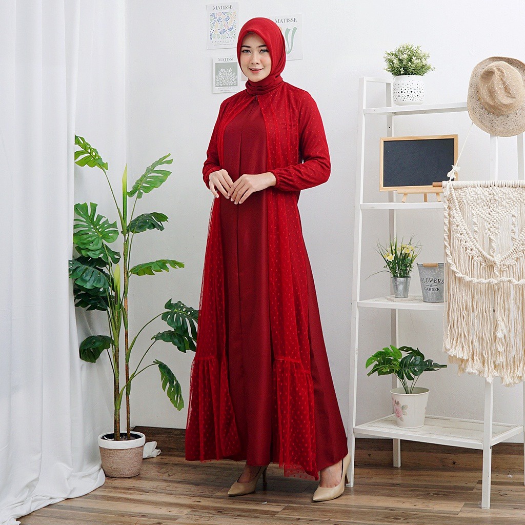 Haliya Dress Bahan Moscrepe mix Tile Dot Size M L XL XXL 4XL / Dress Pesta Kondangan / Gamis Kondangan / Dress baju Bridersmit / Baju Muslim Wanita Lengan Panjang / Dress Wanita Jumbo