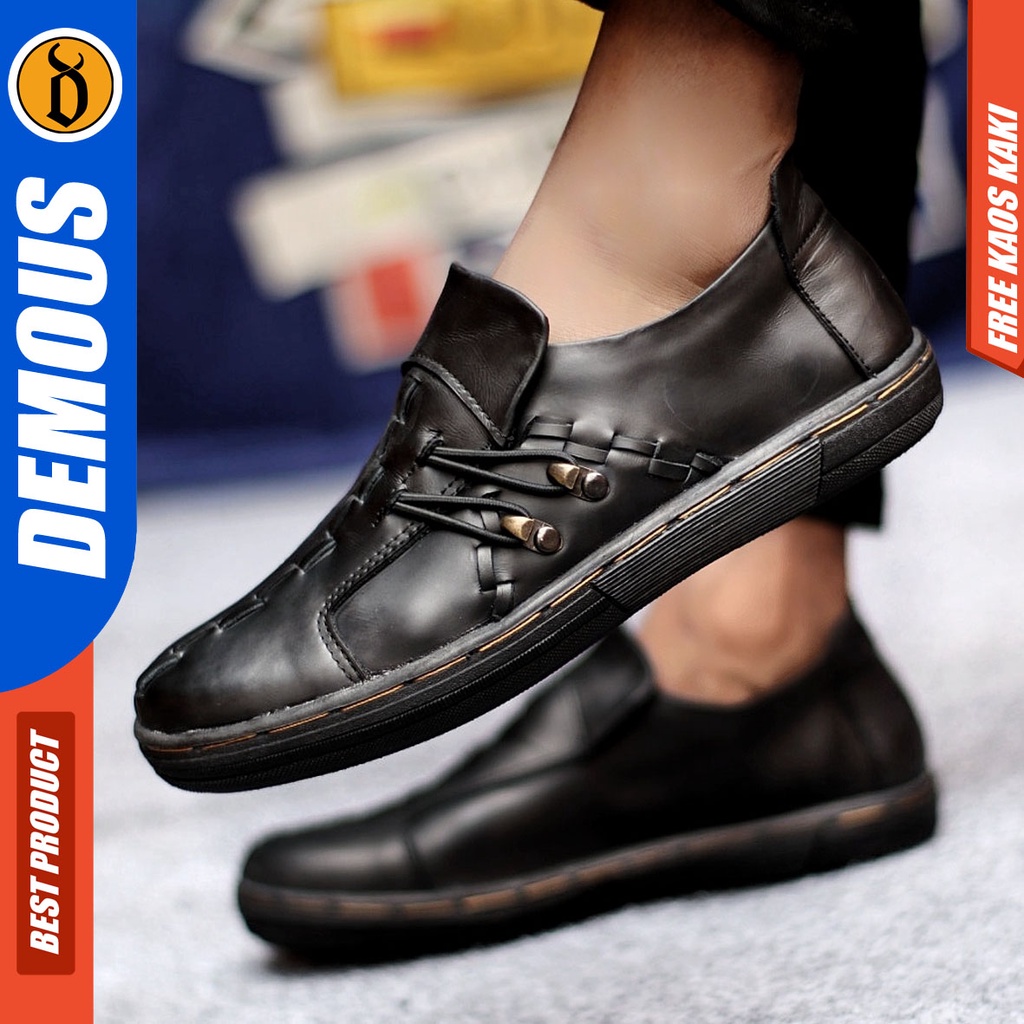 Sepatu Sneakers Pria Sepatu Casual Pria Kulit Asli Sepatu Kerja Kuliah Kondangan Sepatu Hitam Pria DEMOUS JACK