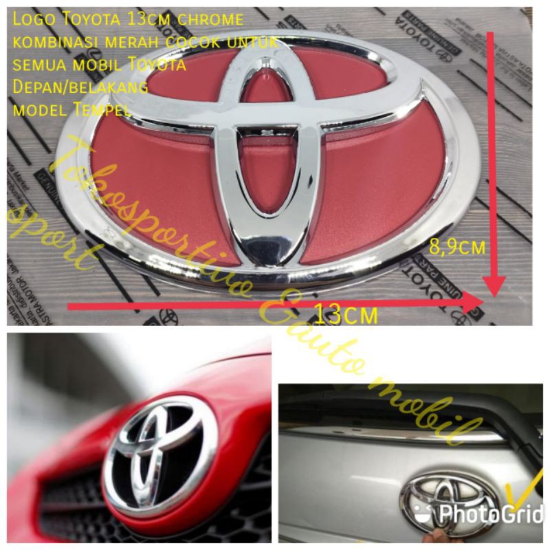 Logo Emblem Huruf Lambang Toyota 13cm chrome+merah model tempel cocok untuk semua mobil Toyota
