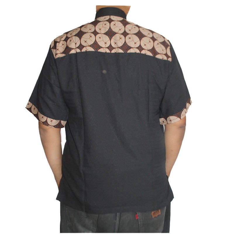 Baju Koko Kombinasi Batik Katun Dobi Hitam Black