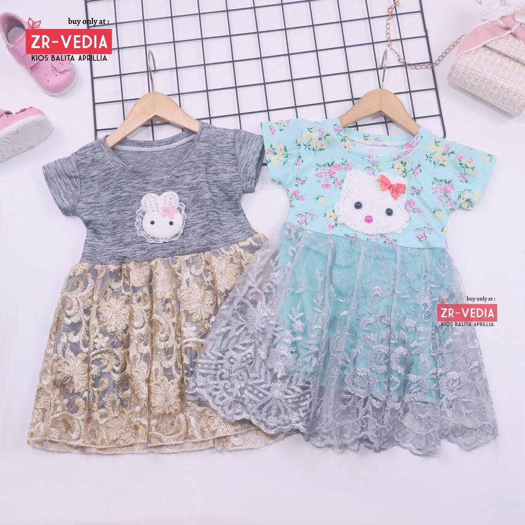 Dress Tsana uk 1-3 Tahun / Gaun Brukat Pesta Cewek Dres Brokat Anak Perempuan Lengan Pendek Import Premium